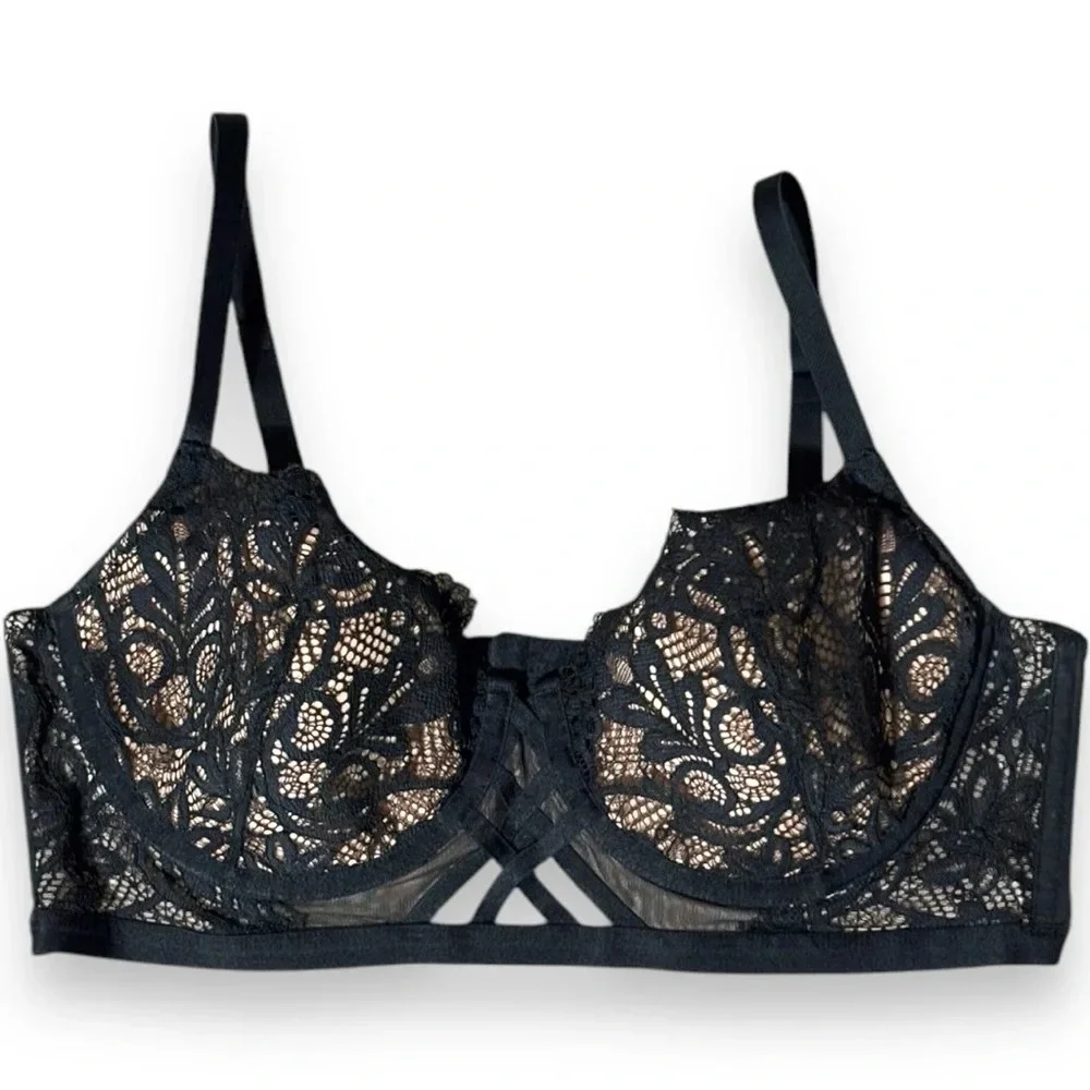 Adore Me NWOT Diara Contour Sexy Lace Black and Nude Underwire 36D Balconette - Picture 1 of 15